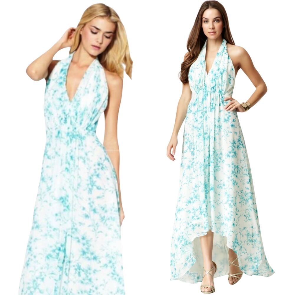 Jill Stuart Floral Print Halter Maxi Dress High Low Gown Teal White Womens 16